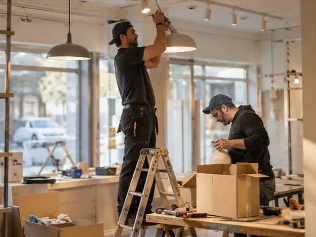 Electricians fitting new lights in a shop being refurbished