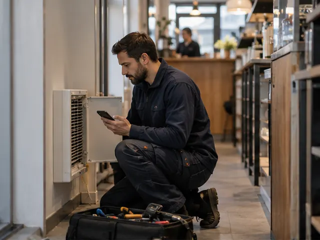 Technician checking a job on his phone beside a ventilation unit in a café